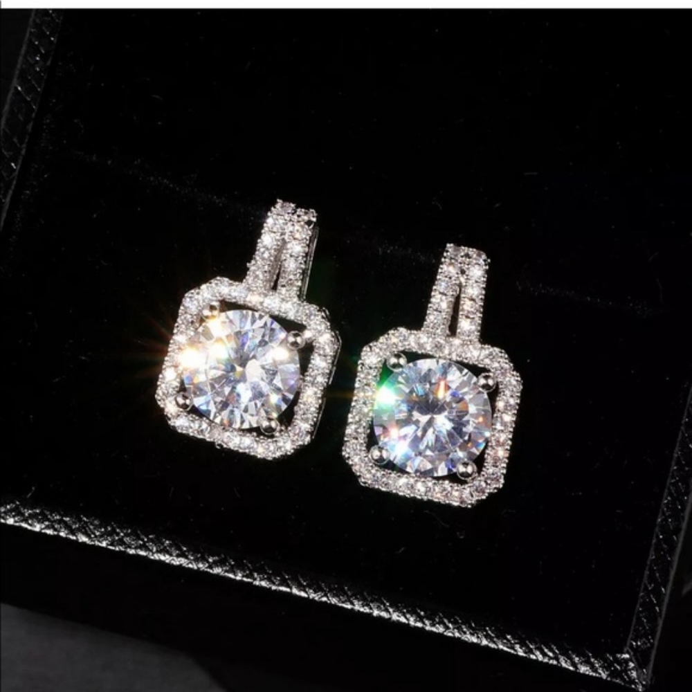 Sterling Silver Square Diamond Studs Earrings - Picture 1 of 6